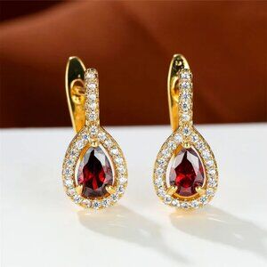 14K Gold Womens 2ct Red Ruby 1ct Diamond Hanging Drop Gemstone Earrings NEW